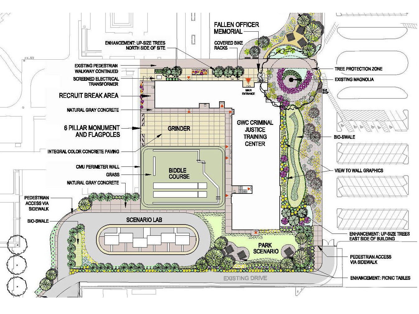 Architectural blueprint of the criminal justice training center, scenario lab, outdoor spaces, memorials and monuments