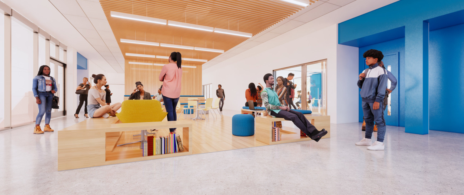 Another view of the wood alcove with storage benches and chairs. Wood slat ceiling details overhead with hanging light rods