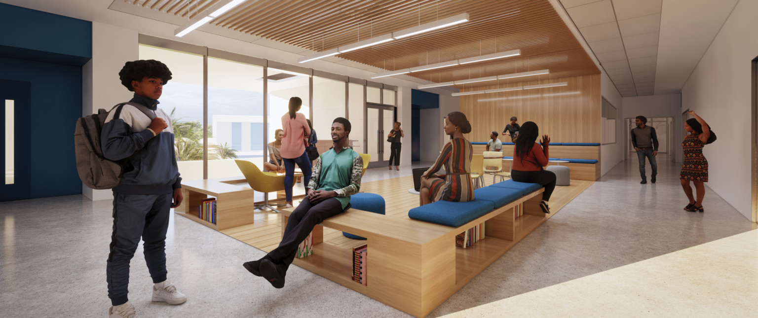 Wood alcove with storage benches and stepped seating. Wood slat ceiling details overhead differentiate space from hallway