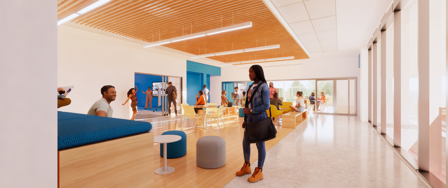 Another view of wood alcove. Classroom with blue wall to left. Hallway looks to room with 2 walls of floor to ceiling windows