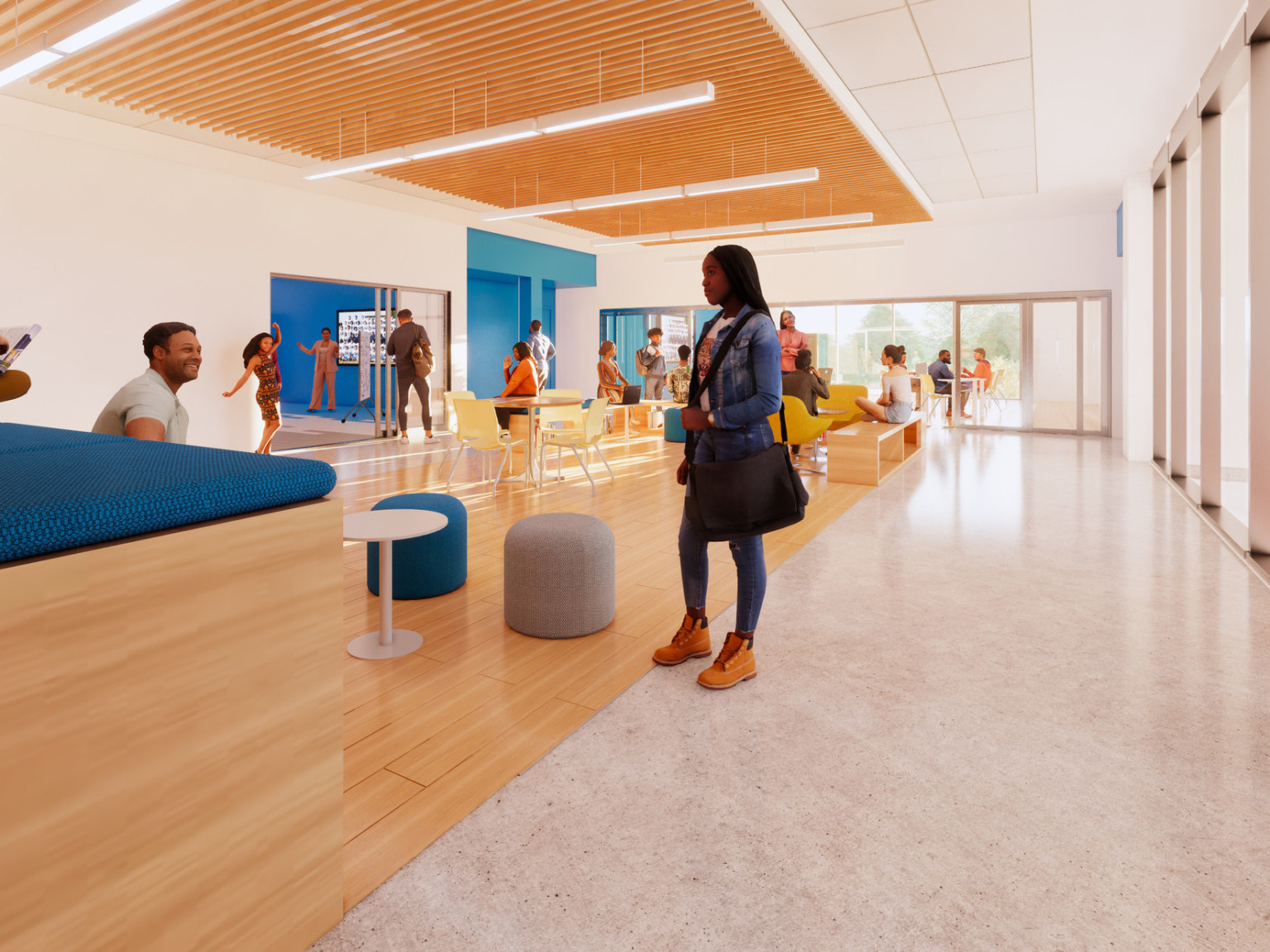 Another view of wood alcove. Classroom with blue wall to left. Hallway looks to room with 2 walls of floor to ceiling windows