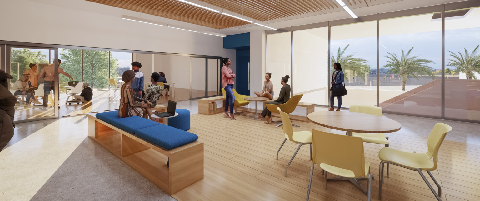 Another view of wood alcove. Blue recessed accent wall. Floor to ceiling windows in room, left, and along the hall