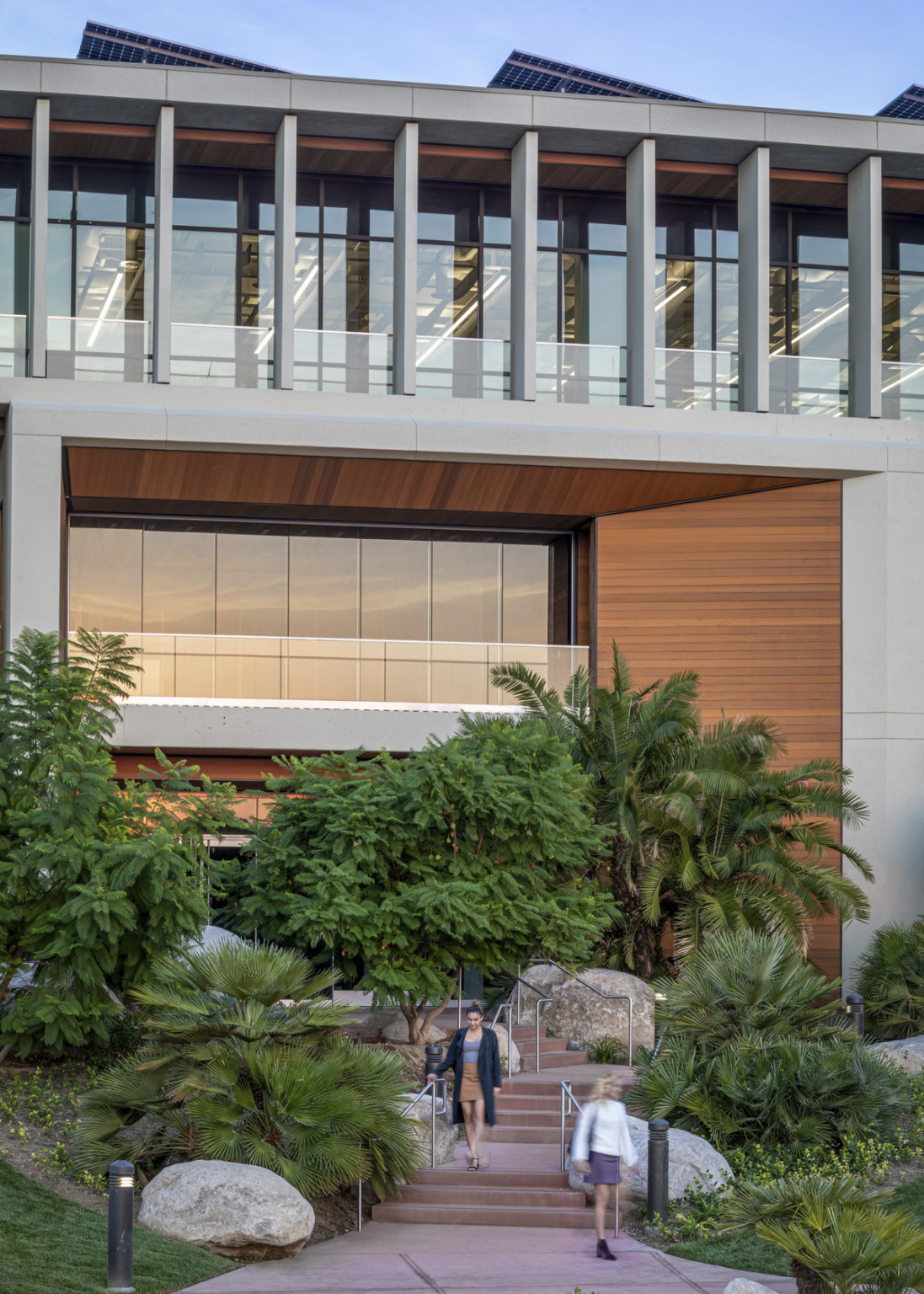 Rock and plant lined steps lead to obscured entrance. White wrapped canopy with wood accent over doors and 2nd level walkway