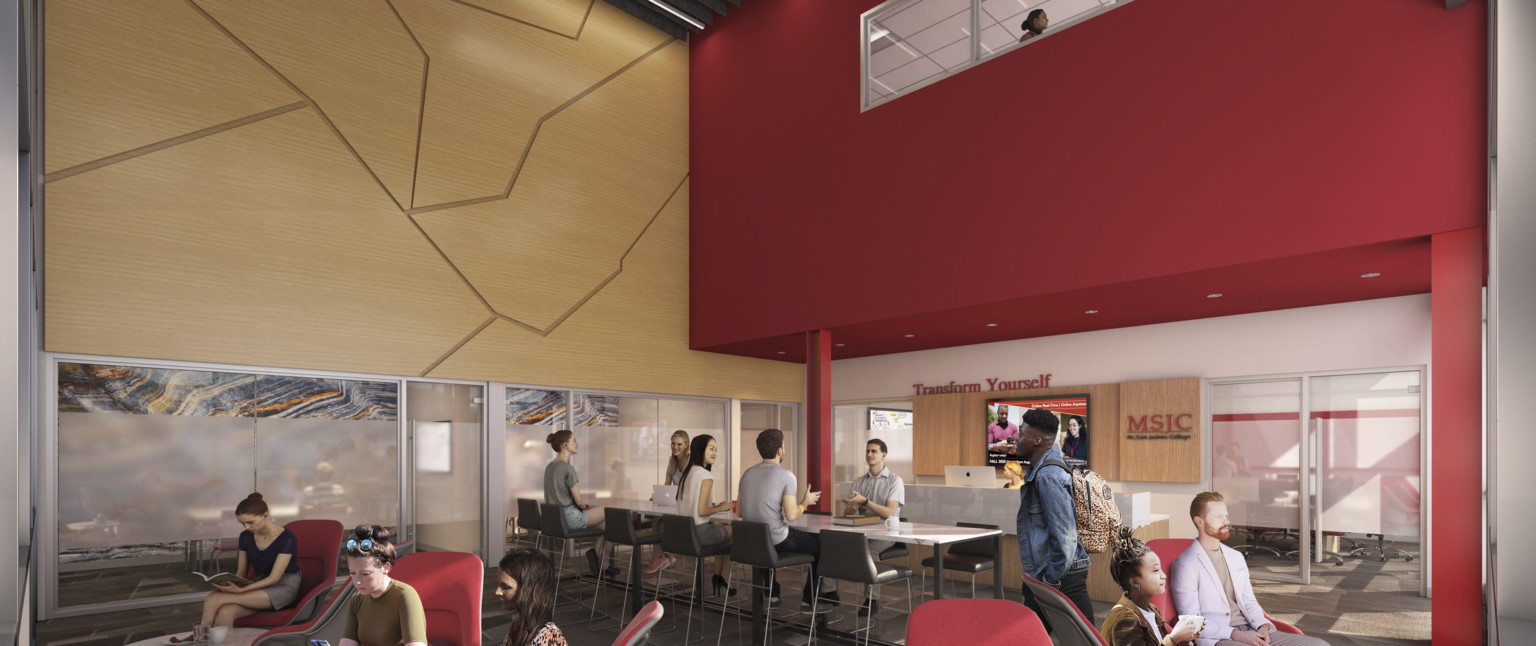 Double height area with flexible seating. Full length window walls below wood mosaic left and red accent overhang right