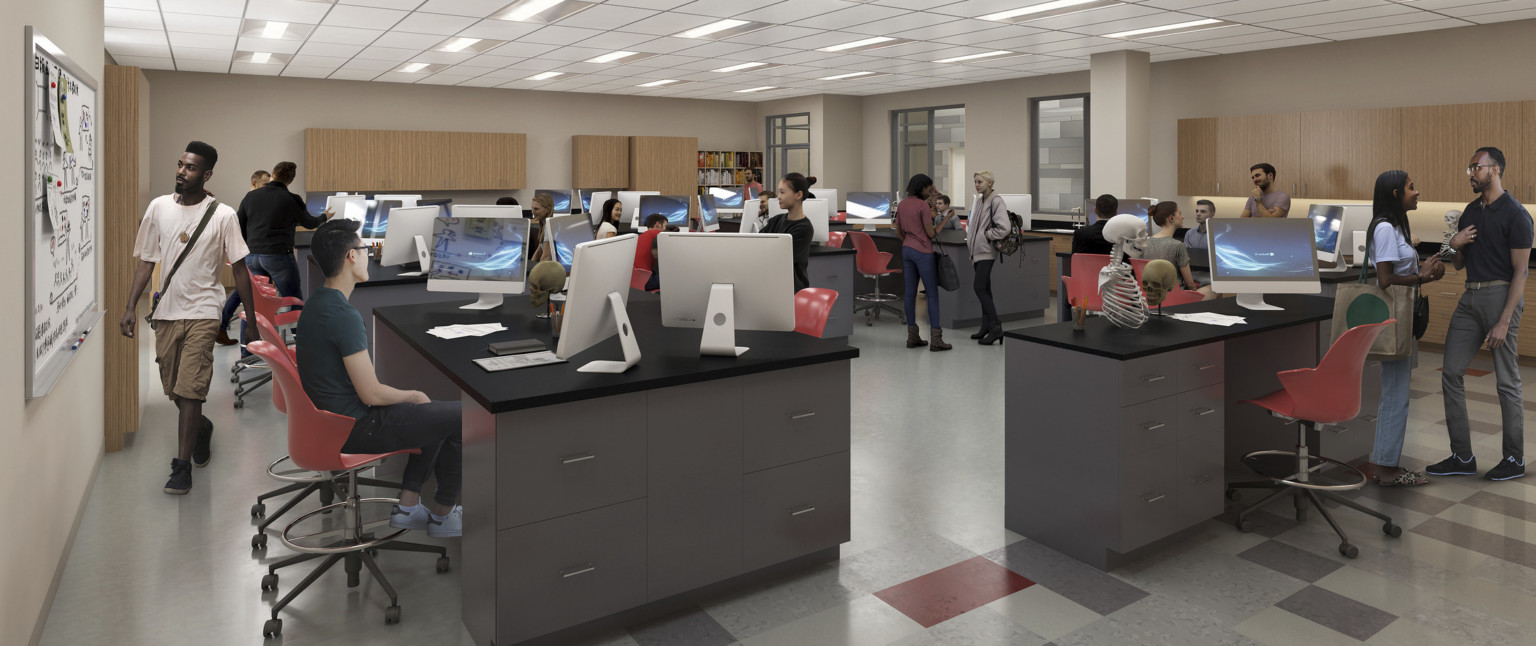 Grey tables with drawers and black counters with computer monitors and science equipment. Wood cupboards on back wall