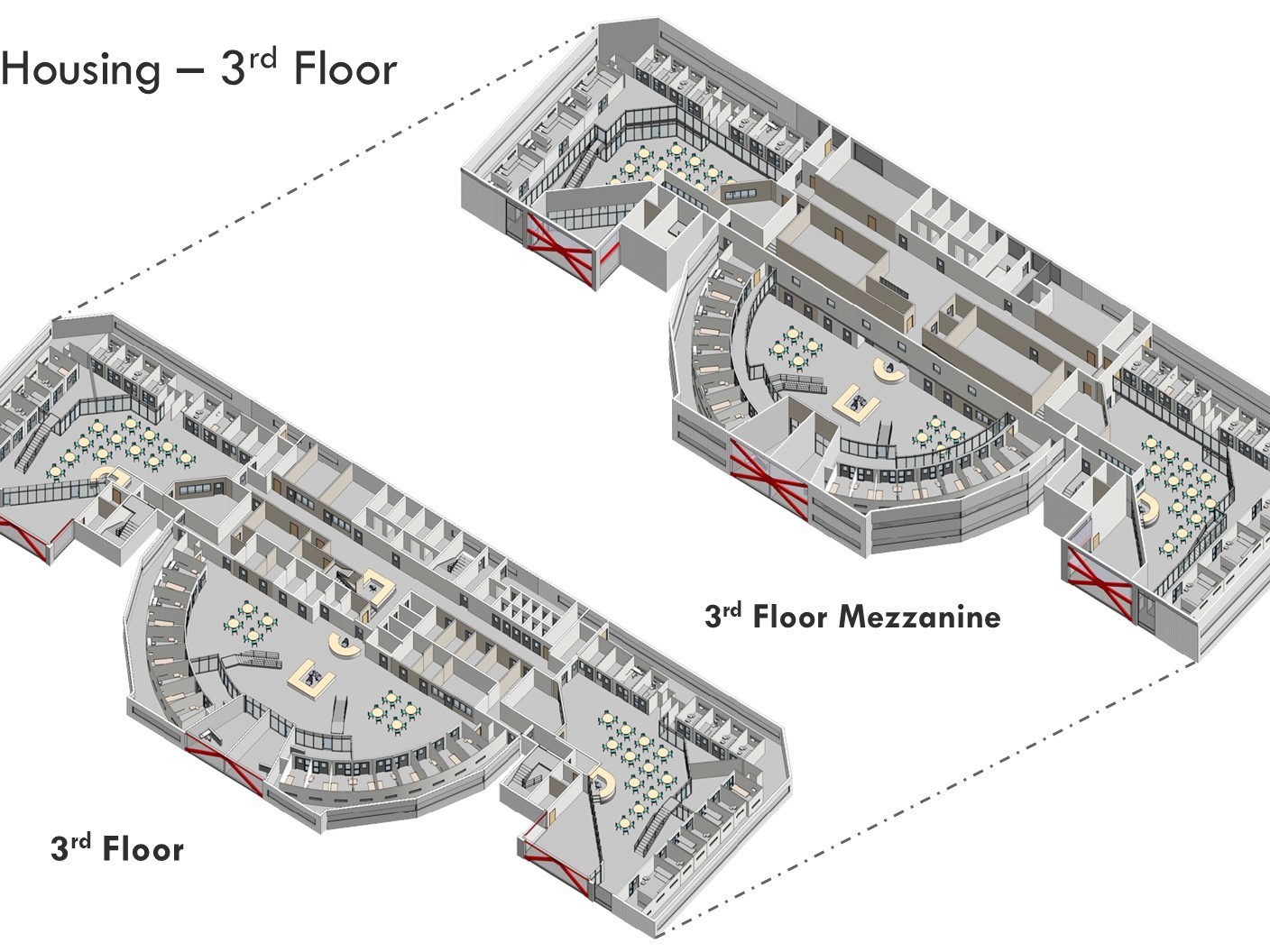 A rendering of the 3rd floor (left) and 3rd floor mezzanine (right) showing how the housing blocks fit together