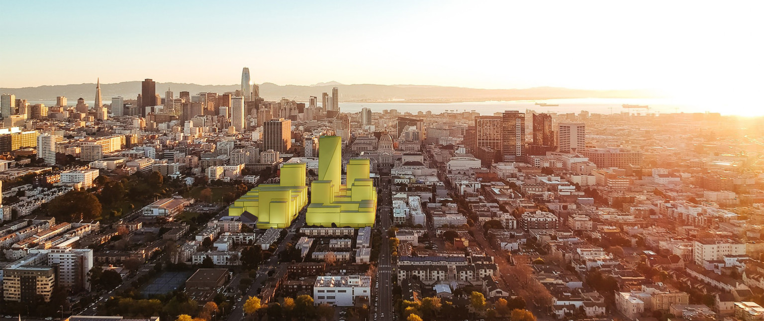Rendering of the proposed development in yellow overlaid on the current neighborhood. 4 buildings of different heights