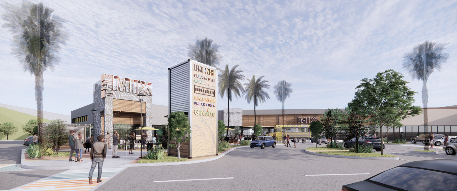 Double height sign listing restaurants in shopping center in front of grey single story buildings with wood panel accents