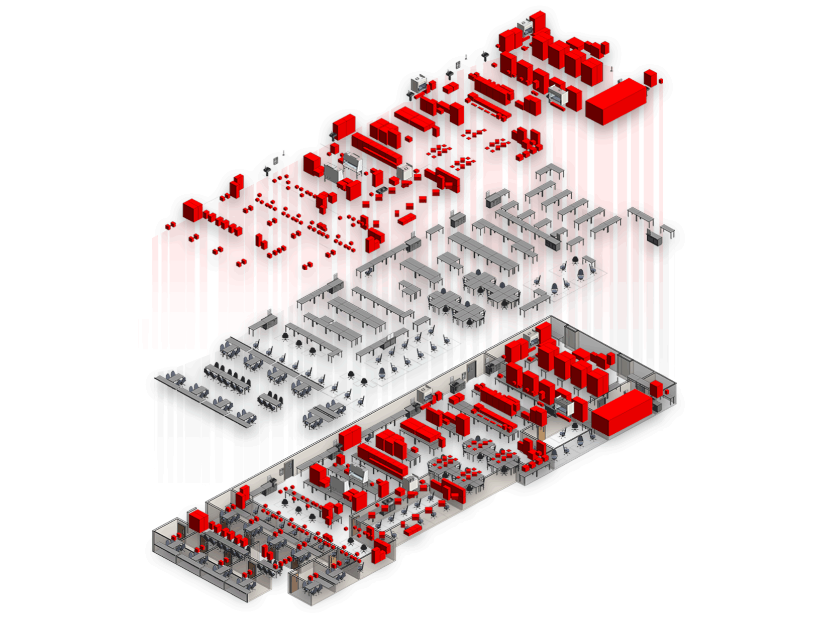 three axonometric transparent views of a single level views with details highlighted in red and gray