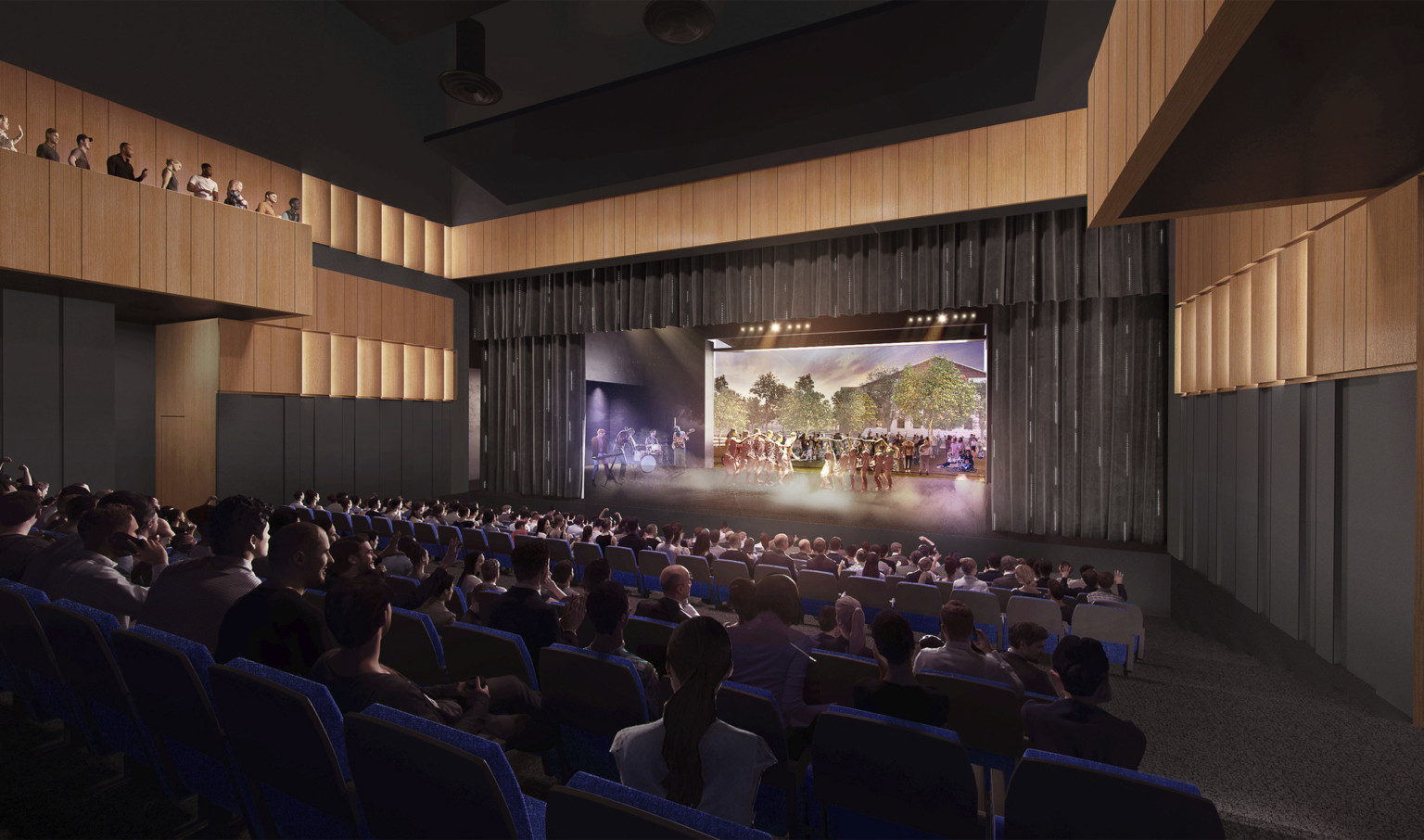 Rendering of theater with black walls with wood sections at top and balcony, facing a illuminated stage