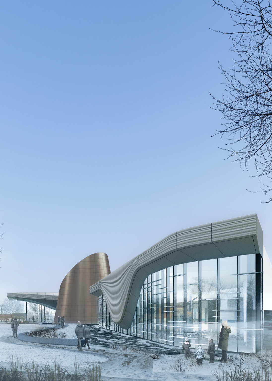 Rendering of building exterior in winter, double height window walls come to a point under organically shaped white overhang