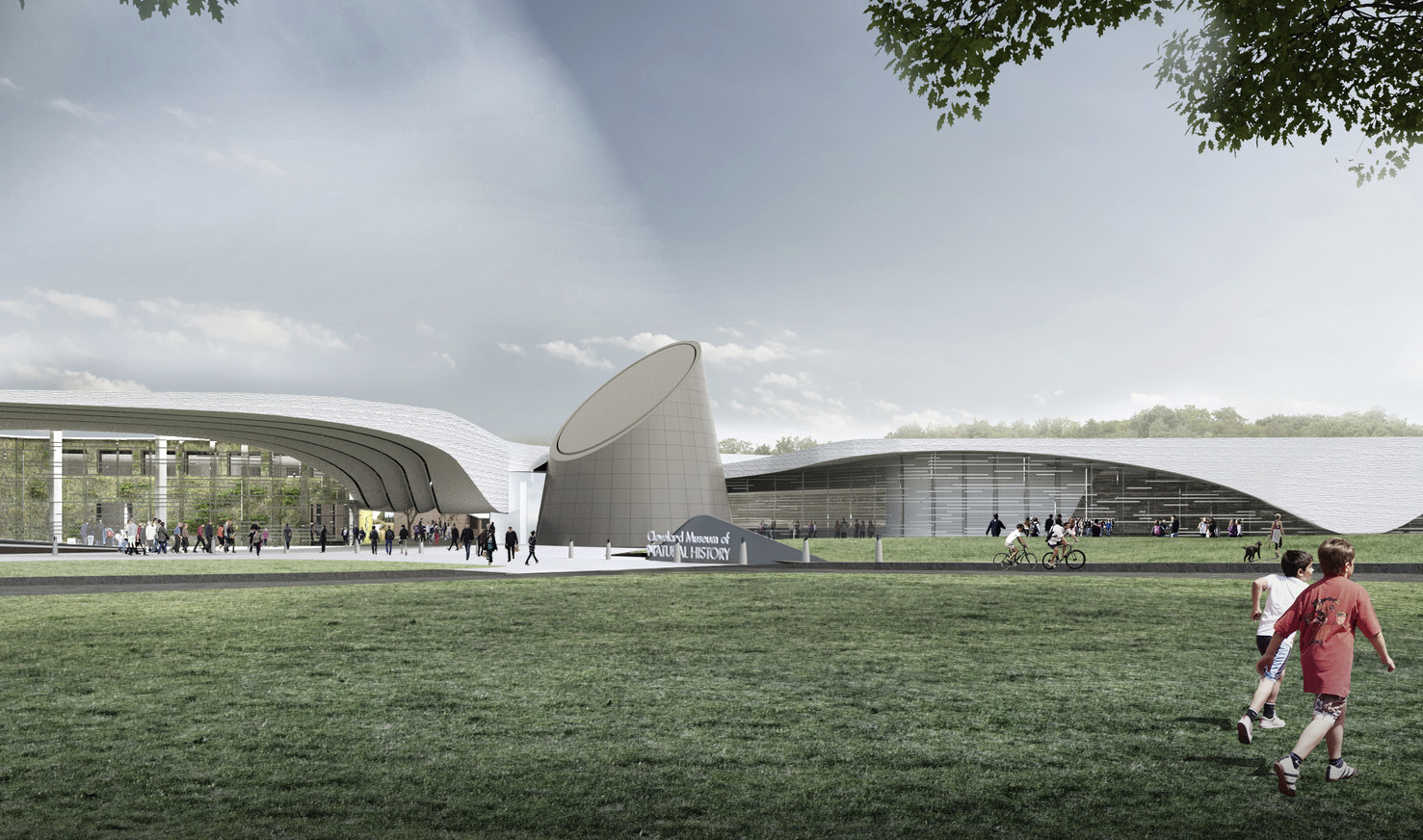 Concept for Cleveland Museum of Natural History Expansion, 2 section building with curved white roof, large sculpture center