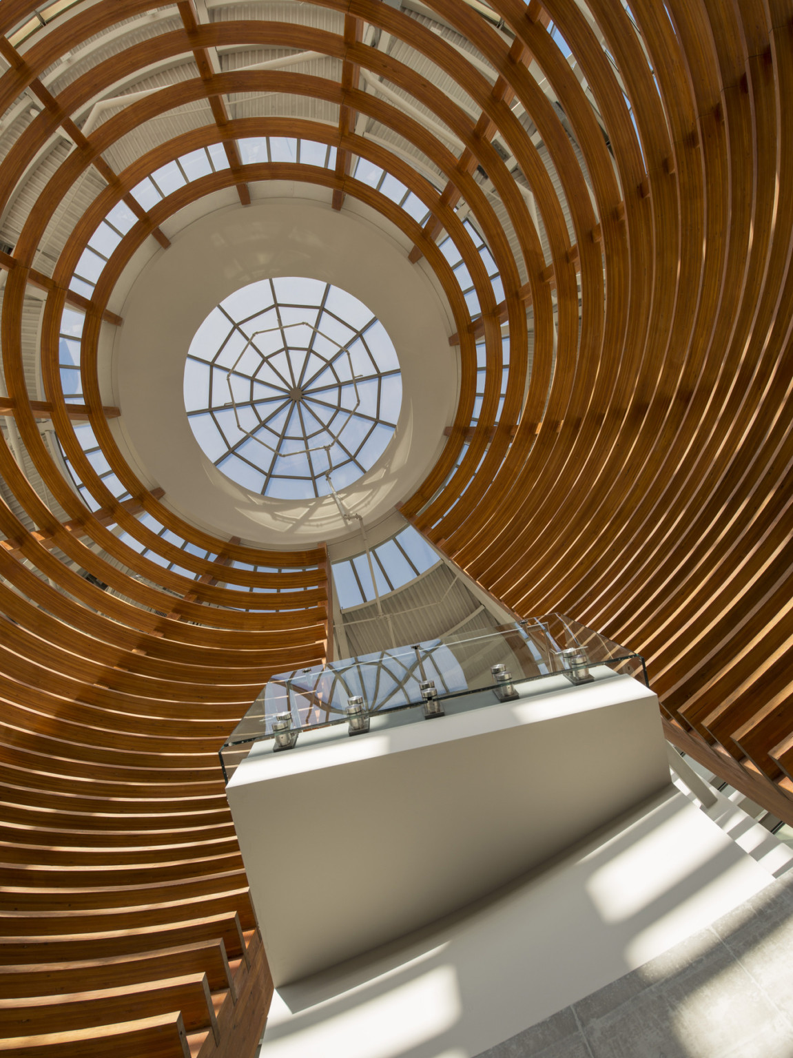 wood grid sections curve into a rotunda with view of sky above at Pueblo County Judicial Center wood grid sections curve into a rotunda with view of sky above at Pueblo County Judicial Center