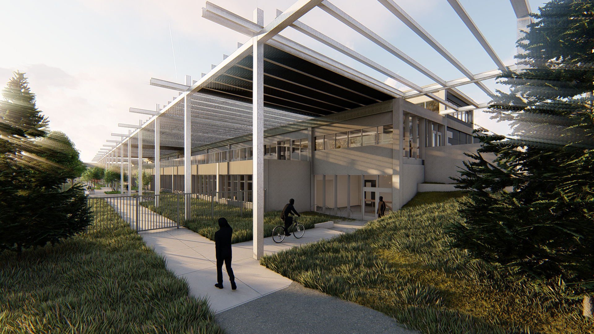 design rendering of a white building with stepped tiers and gates set back into a landscape with green lawn and pine trees. design rendering of a white building with stepped tiers and gates set back into a landscape with green lawn and pine trees.
