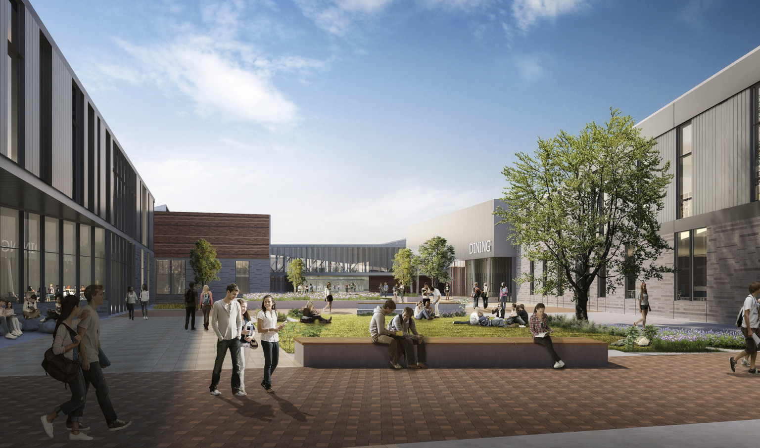 design concept for an interior courtyard at a school, complete with benches, warm wood textures, and an entrance to a dining hall