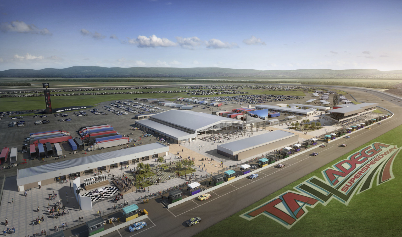 Aerial view of the new nascar speedway at Talladega with vaulted roof infield pavilion