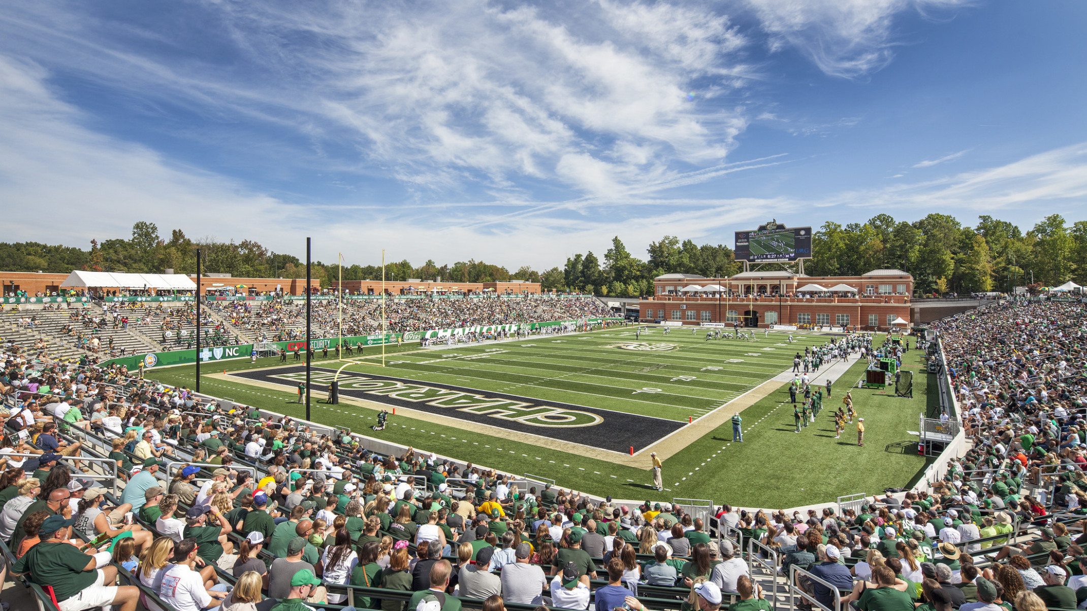 Jerry Richardson Stadium at University of North Carolina Charlotte viewed from stands at end zone corner during game