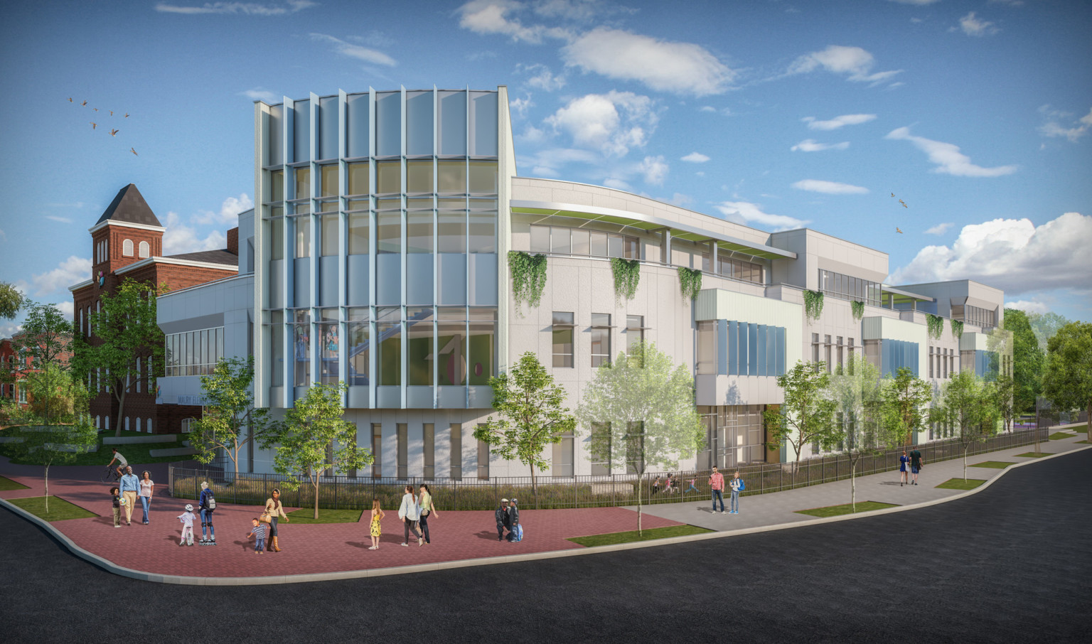 rendering of exterior of maury elementary school, a 3 story grey building with large windows on round corner rendering of exterior of maury elementary school, a 3 story grey building with large windows on round corner