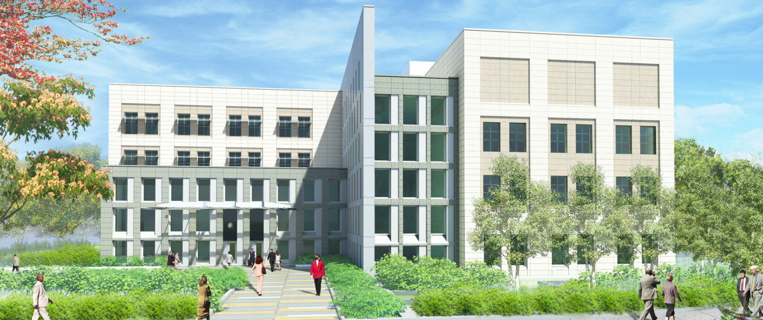 drawing of five story commercial building with gray and beige stone and contrasted window frames, landscaped walking paths