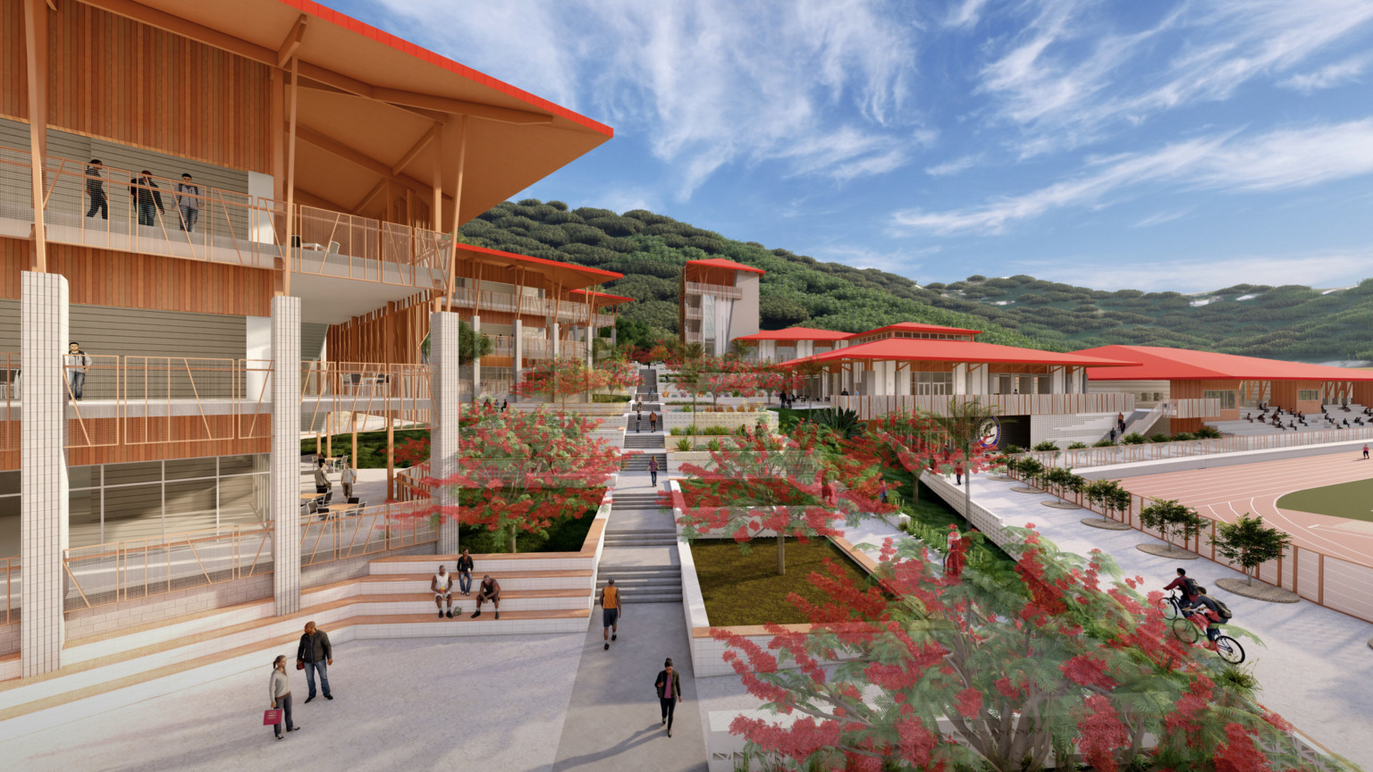 US Virgin Island master plan for Charlotte Amalie High School. Courtyard by stone building with red roof and wood accents US Virgin Island master plan for Charlotte Amalie High School. Courtyard by stone building with red roof and wood accents
