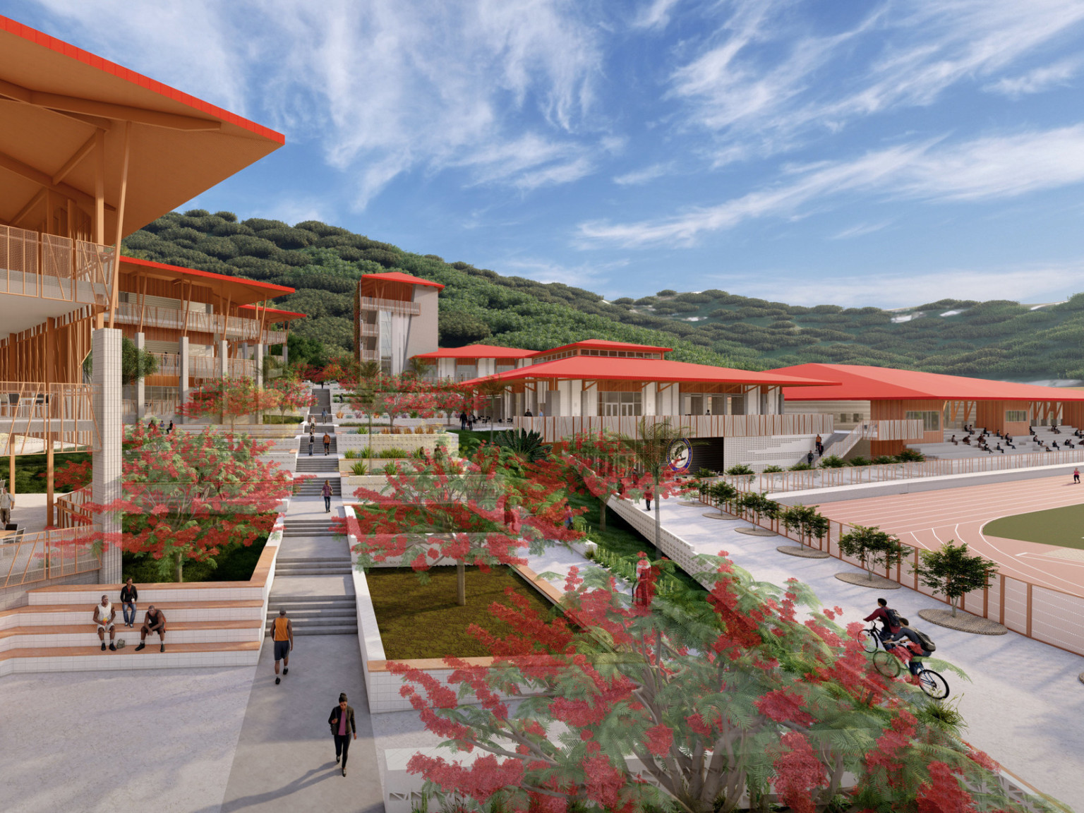 US Virgin Island master plan for Charlotte Amalie High School. Courtyard by stone building with red roof and wood accents