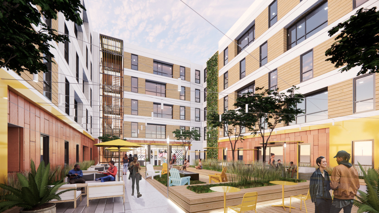 courtyard with wooden planters and seats, soft seating, and colorful metal seats and umbrellas surrounded by buildings