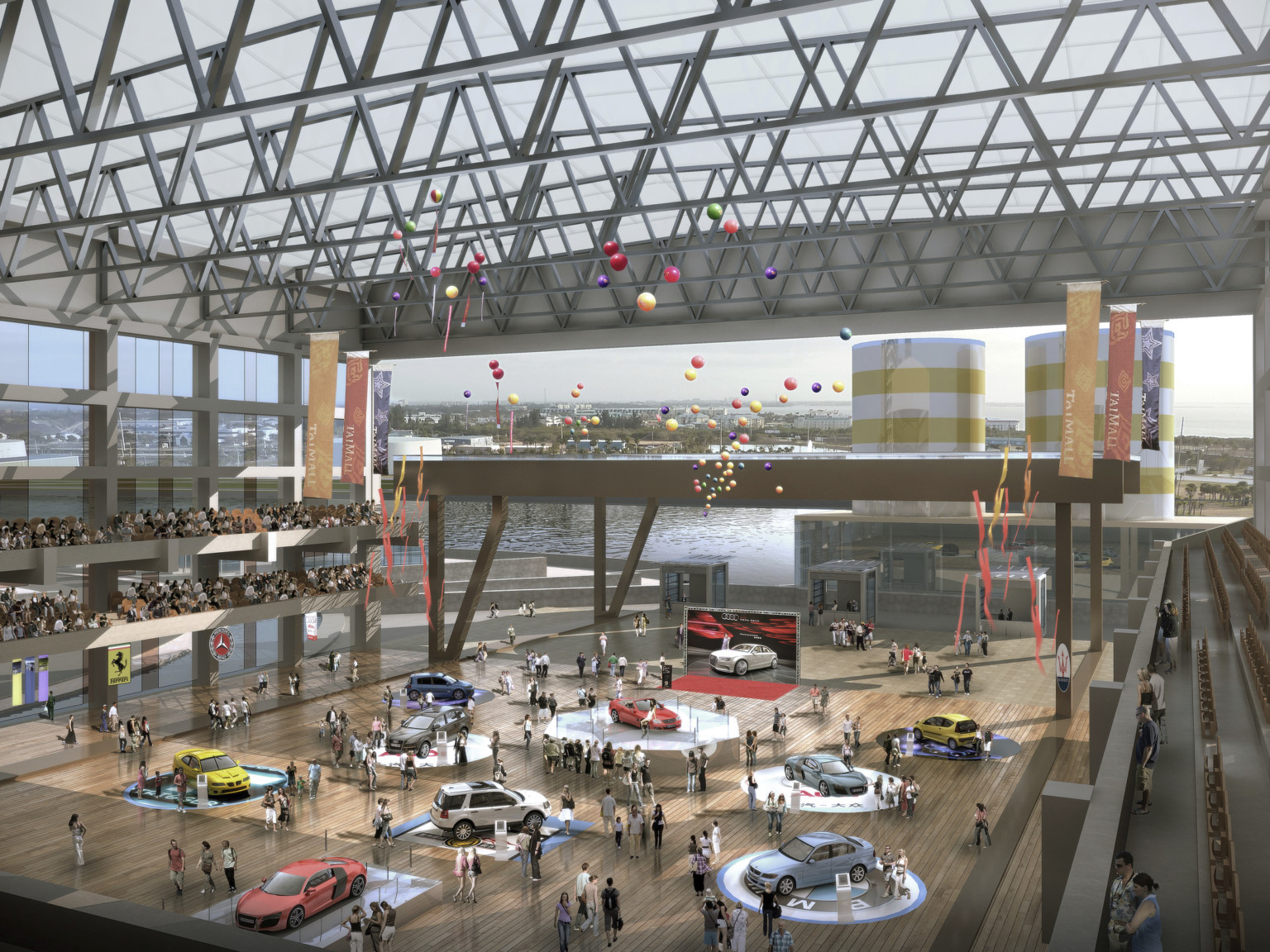 design concept of car show in building with open side facing Huangpu River. multi-level seating areas surround ground floor