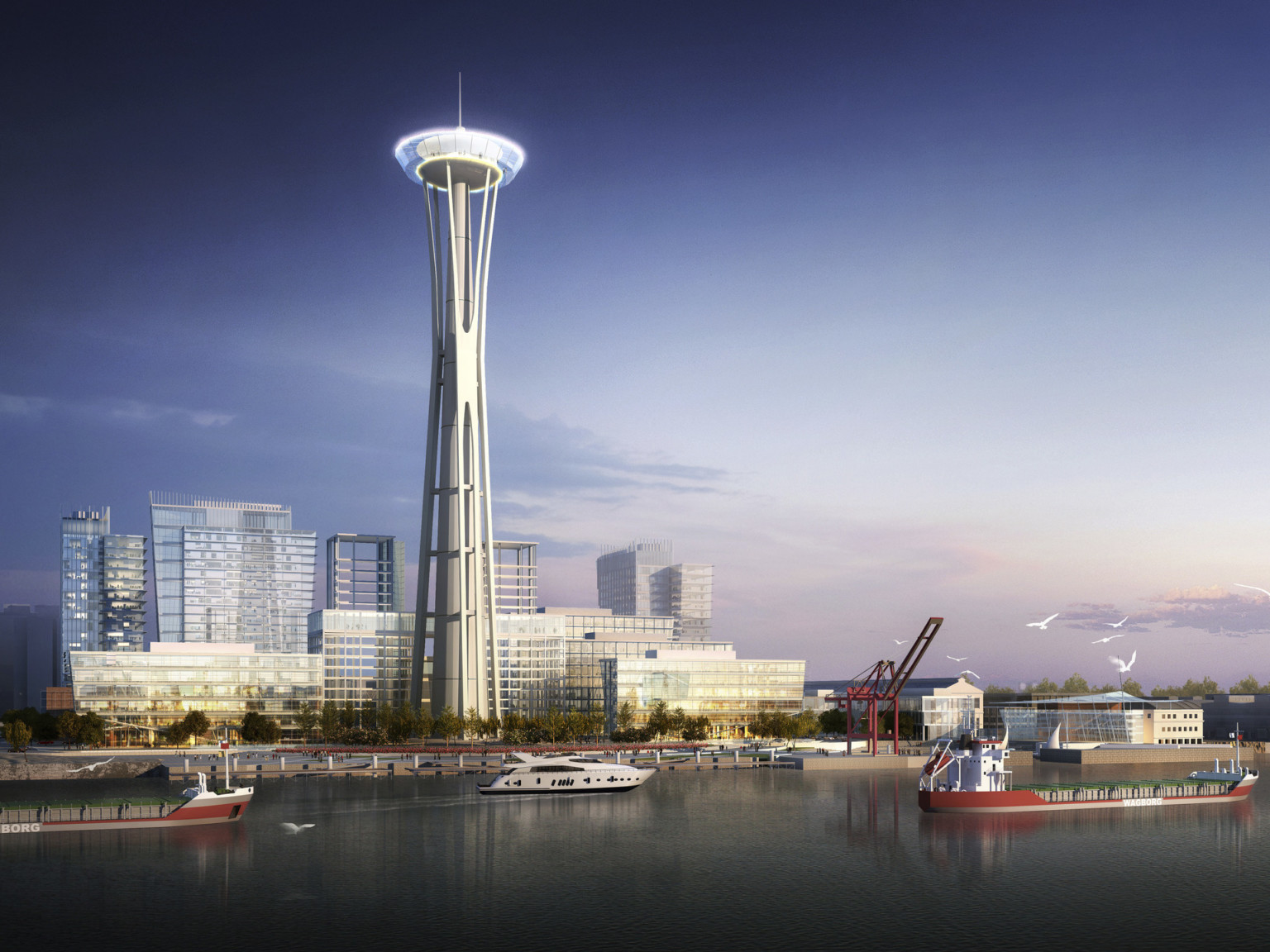 view from Huangpu River shows Yang Shu Pu Power Plant design concept with tower and mixed-use buildings with glass facades