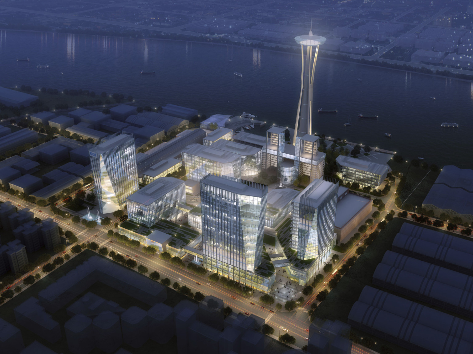 design concept looking down at night to mixed-use buildings with glass facades and tower on the bank of the Huangpu River