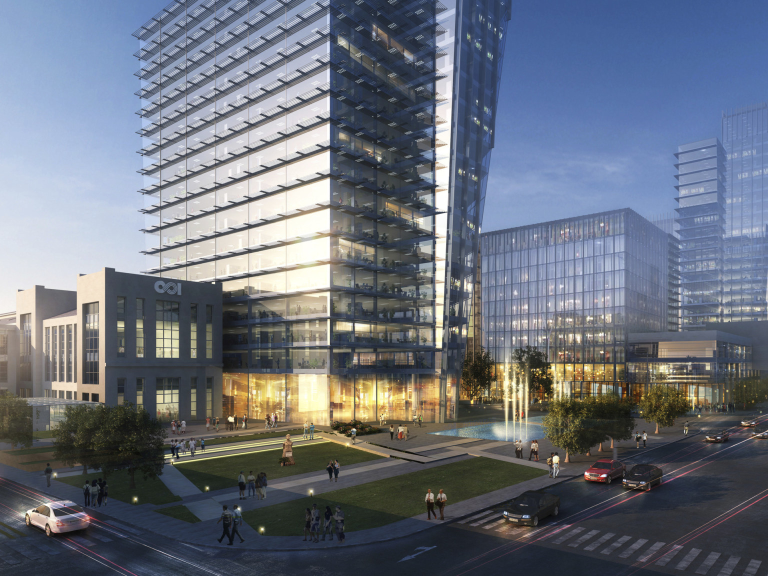 design concept of illuminated entrance to mixed-use building with glass facade. Pedestrian walkways with fountain in front