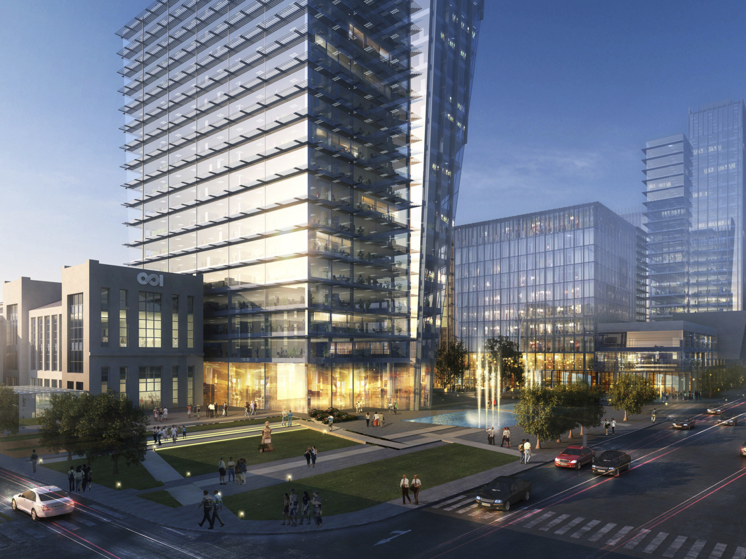 design concept of illuminated entrance to mixed-use building with glass facade. Pedestrian walkways with fountain in front