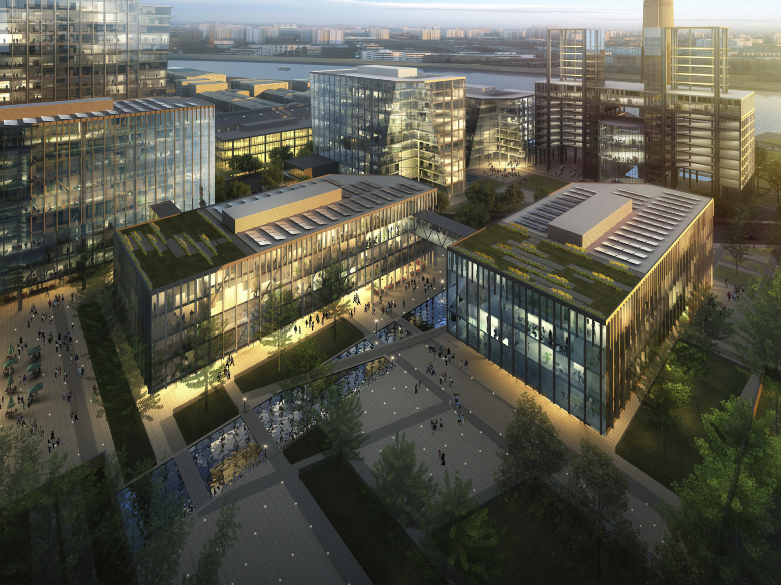 design concept looking down to mixed-use buildings with glass facades. Pedestrian walkways and water features surround them