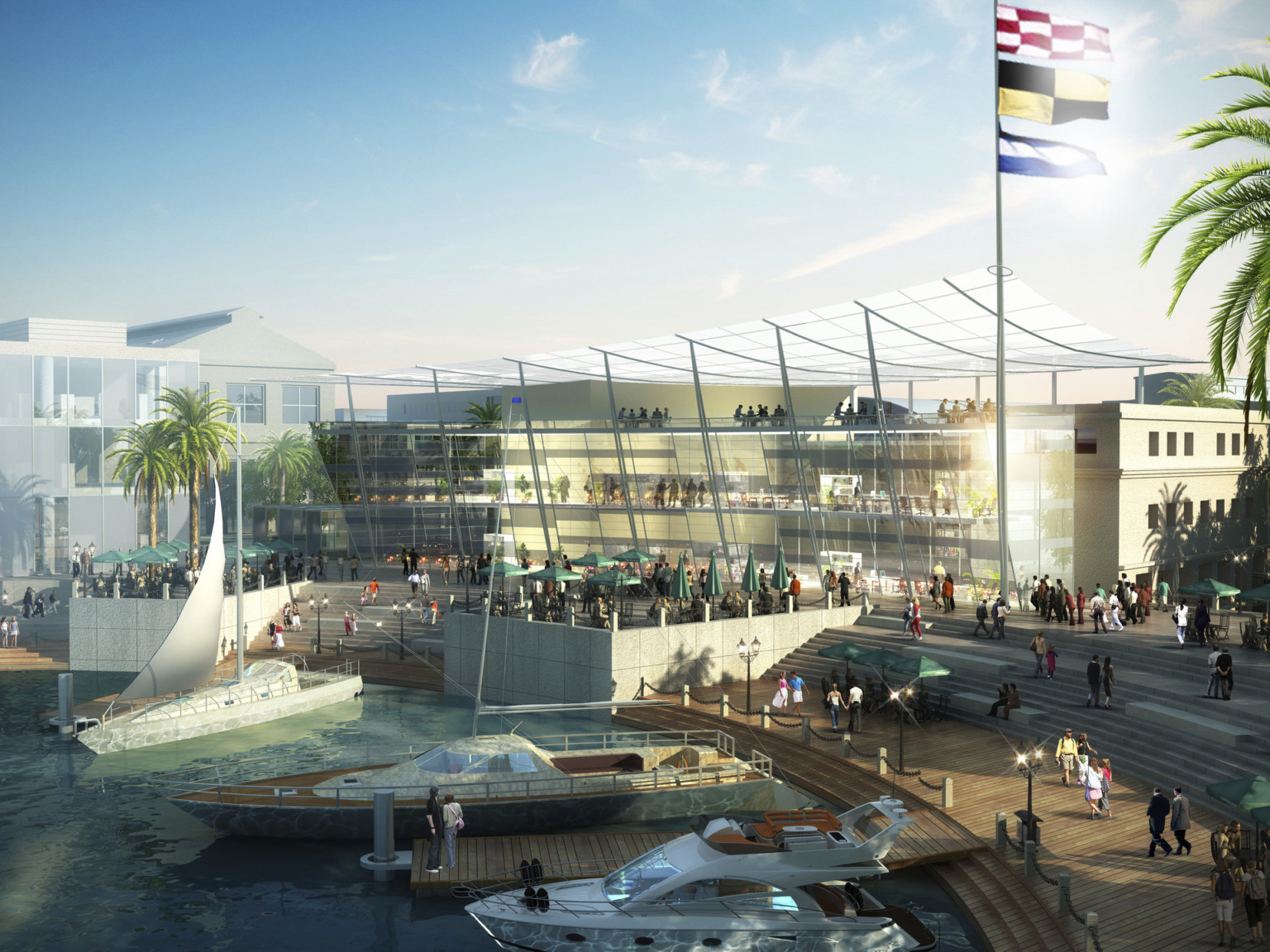 design concept of mixed-use buildings with glass facades surrounding central pedestrian walkway and dock with boats on water