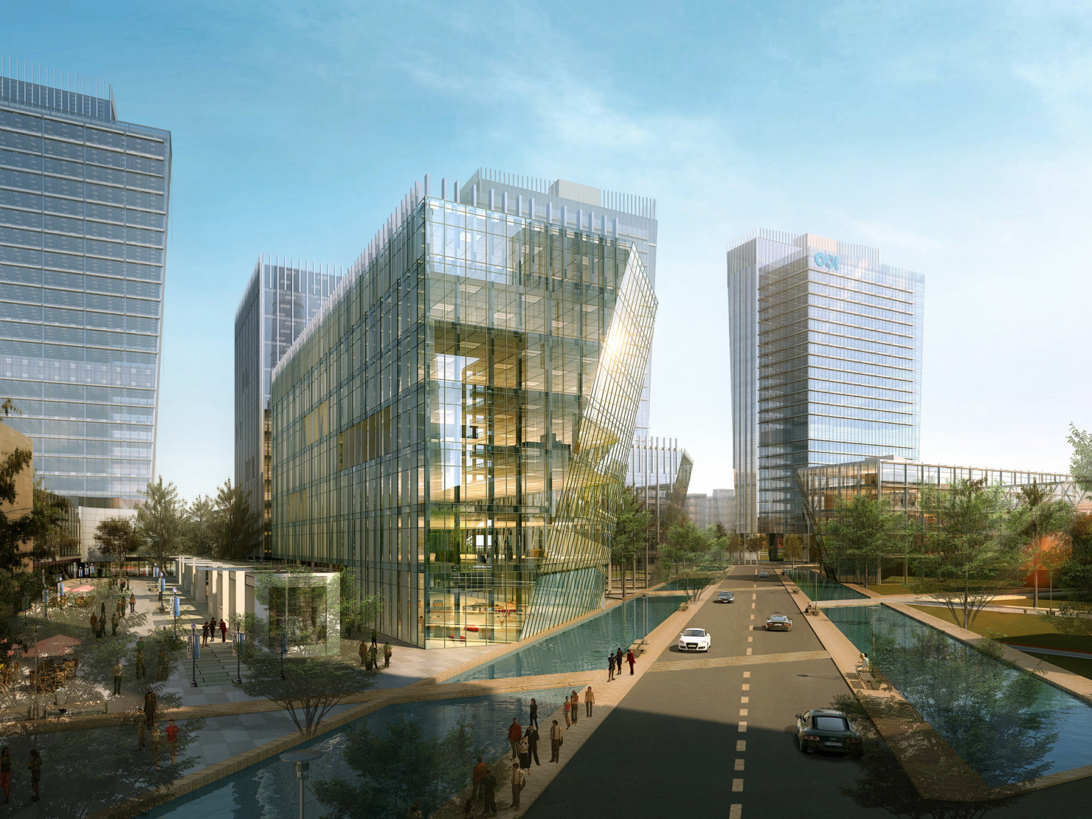 concept of mixed-use building with glass facade and angular structure next to reflective pools on either side of roadway