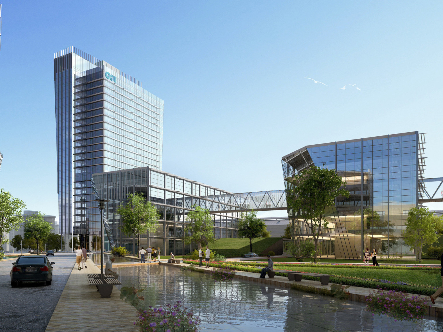 pathways along reflective pools in front of pedestrian skyway connecting mixed-use buildings with glass facades