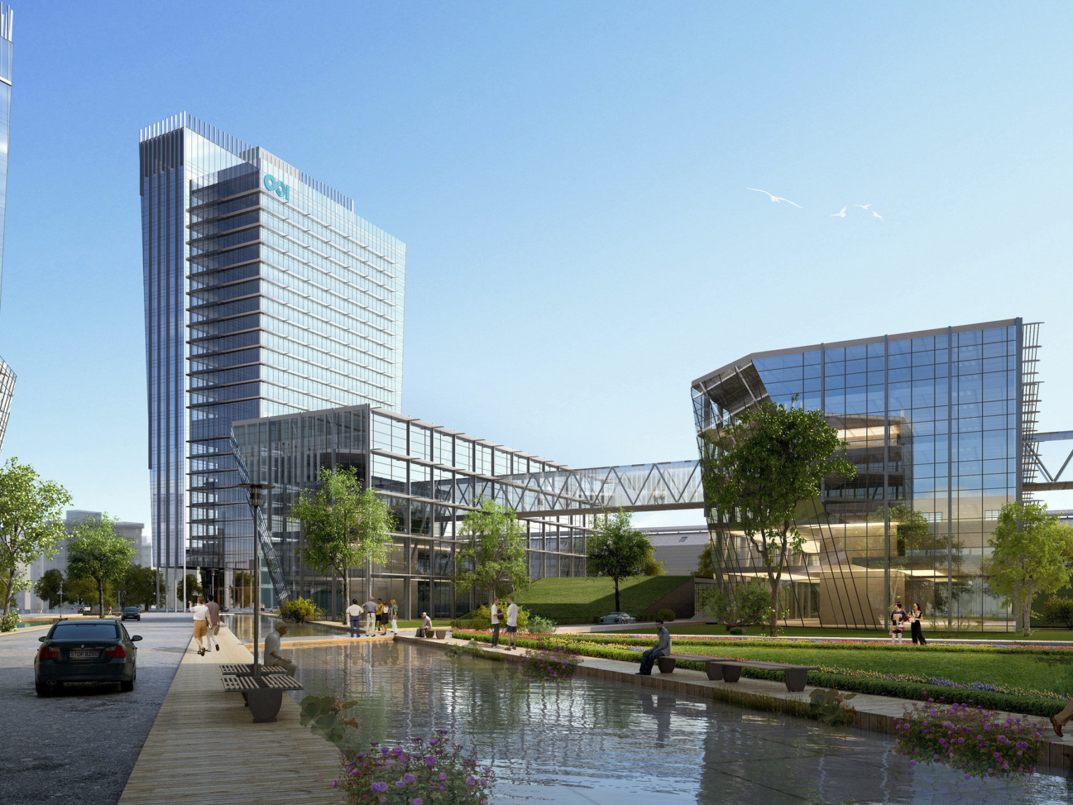 pathways along reflective pools in front of pedestrian skyway connecting mixed-use buildings with glass facades