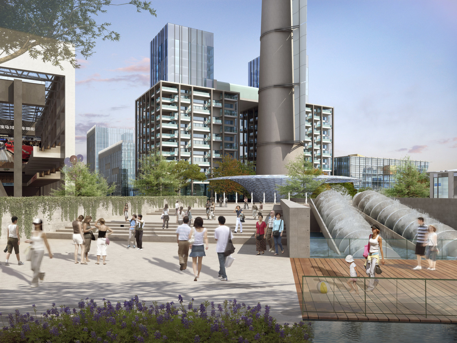 pedestrians walk along bridge and pathway with steps next to water feature in front of mixed-use buildings