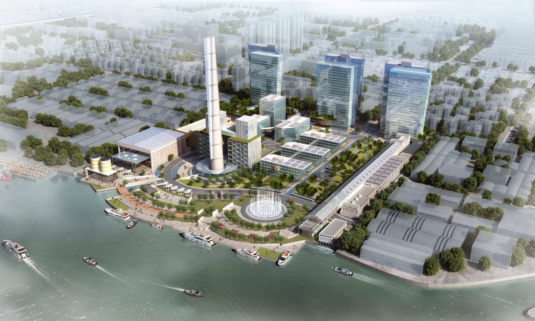 Conceptual design for Yang Shu Pu Power Plant along bank of Huangpu River. Mixed-use buildings surround pedestrian areas