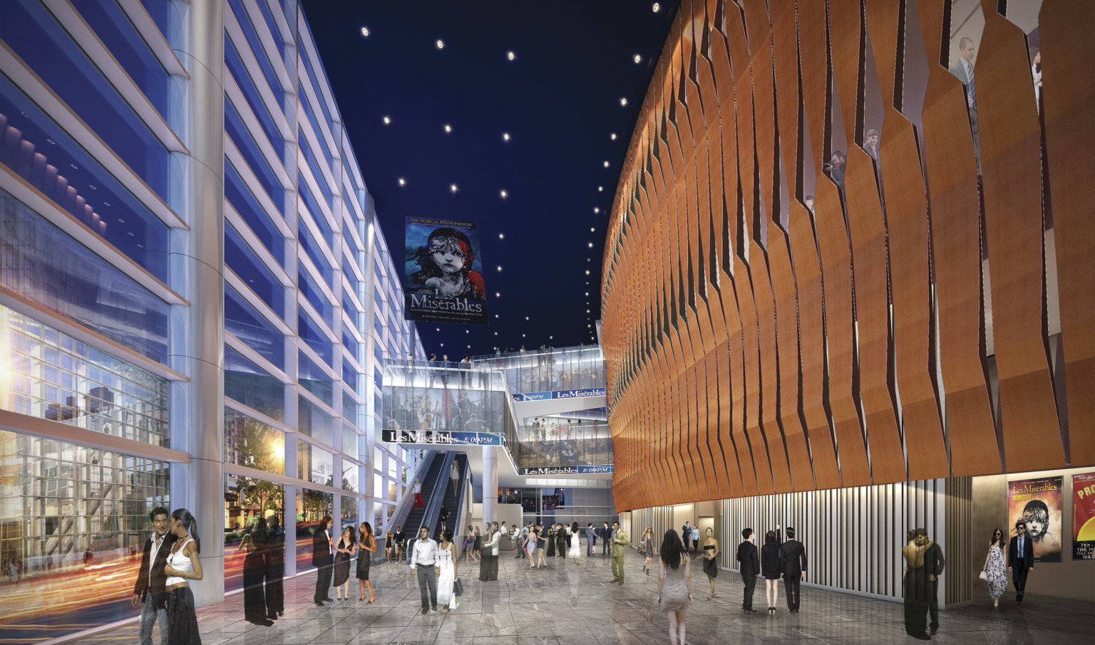 a public space at the luen mei new bund theater district. White seams over glass wall, left, textural wrapped facade, right