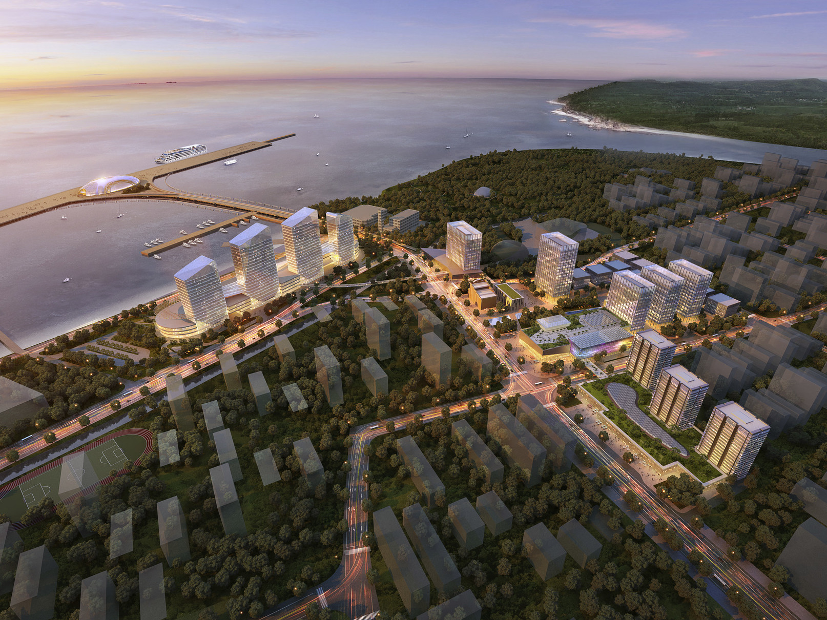 design concept for smart city near shanghai. Multiple high rises along central road stretching across water to docked ships