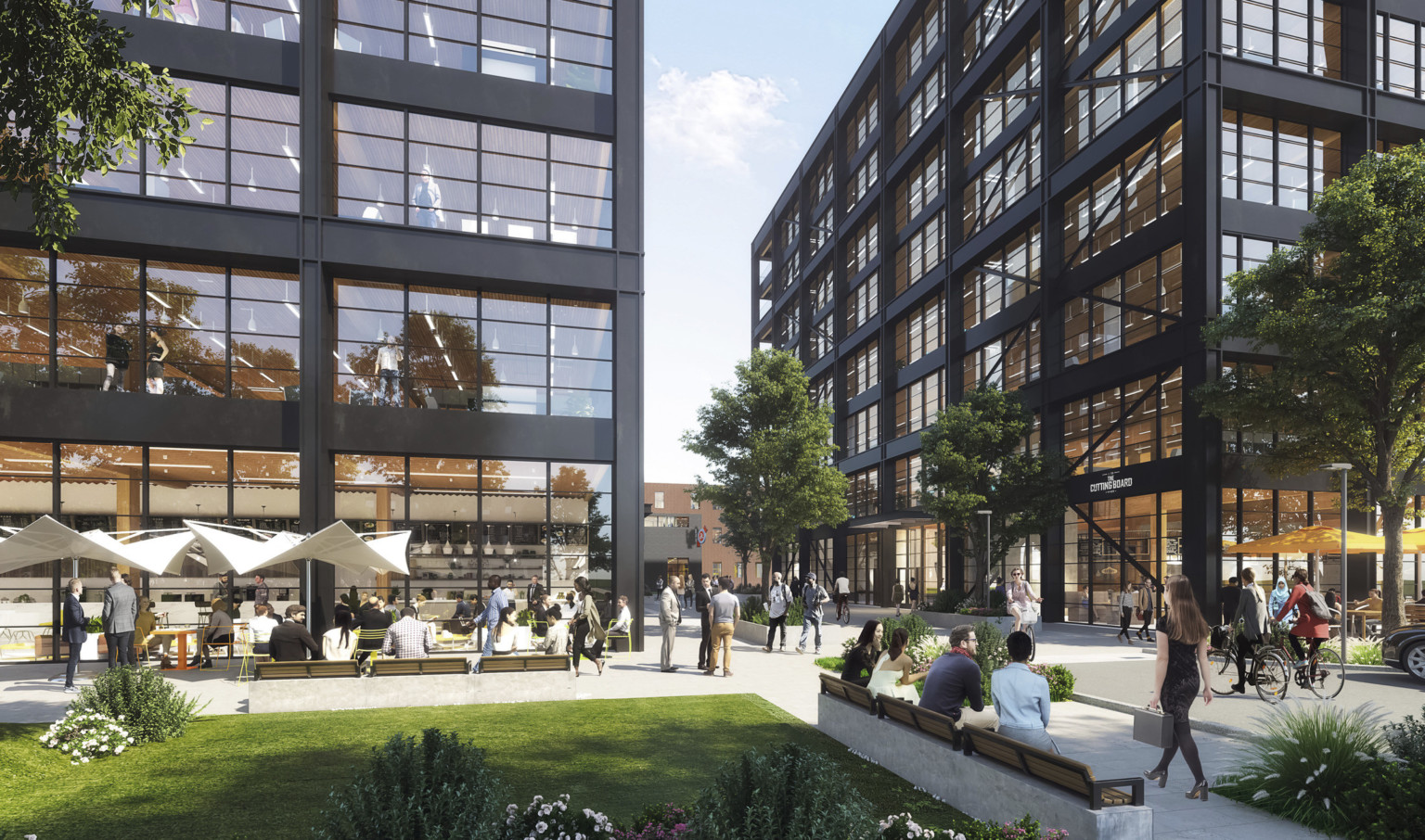 grass lawn with walking paths and shaded seating between two mass timber office buildings