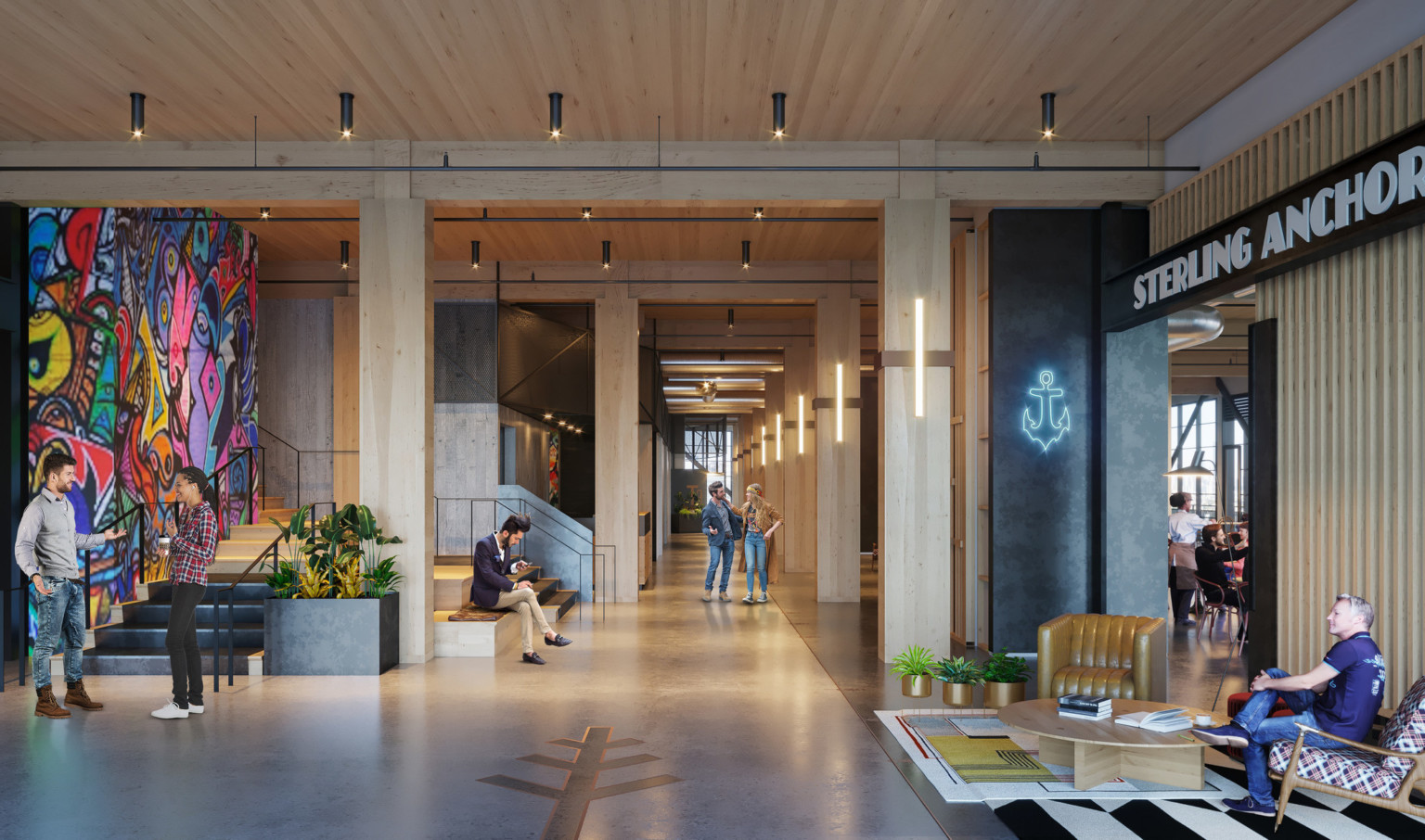 Raw concrete and wood hallway. Seating area front right in front of room labeled Sterling Anchor. Wood stairs to left