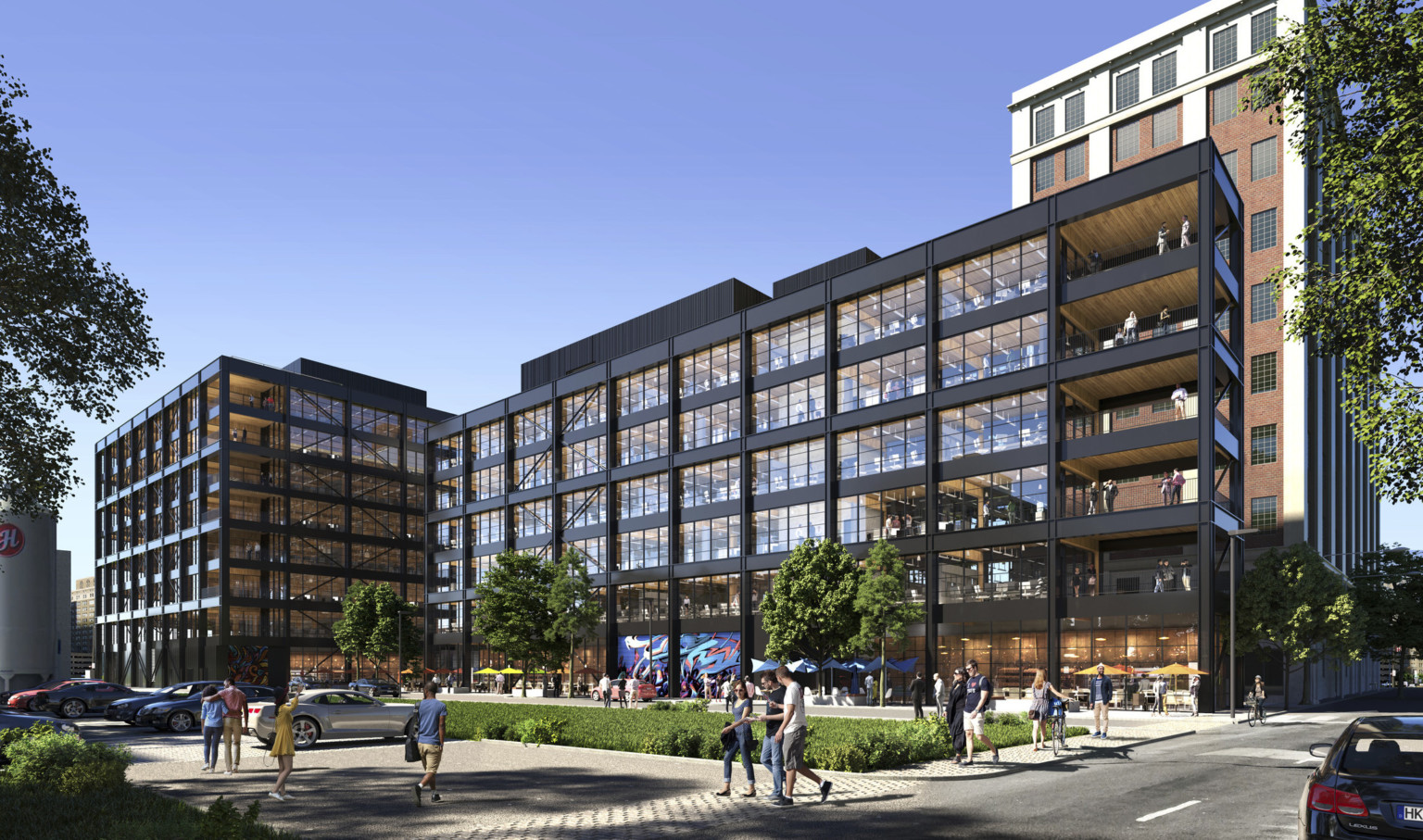 design concept for a large mixed use mass timber building in Canada. Black facade with green grass courtyard