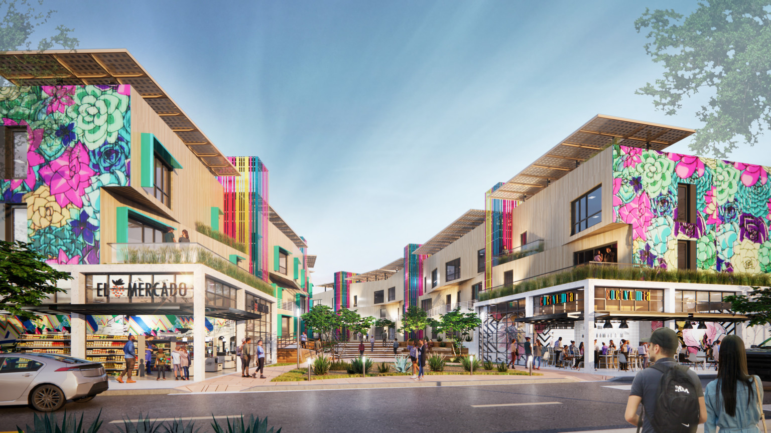 Rendering of mixed-use space including open air restaurants and markets. Colorful multi-story building design
