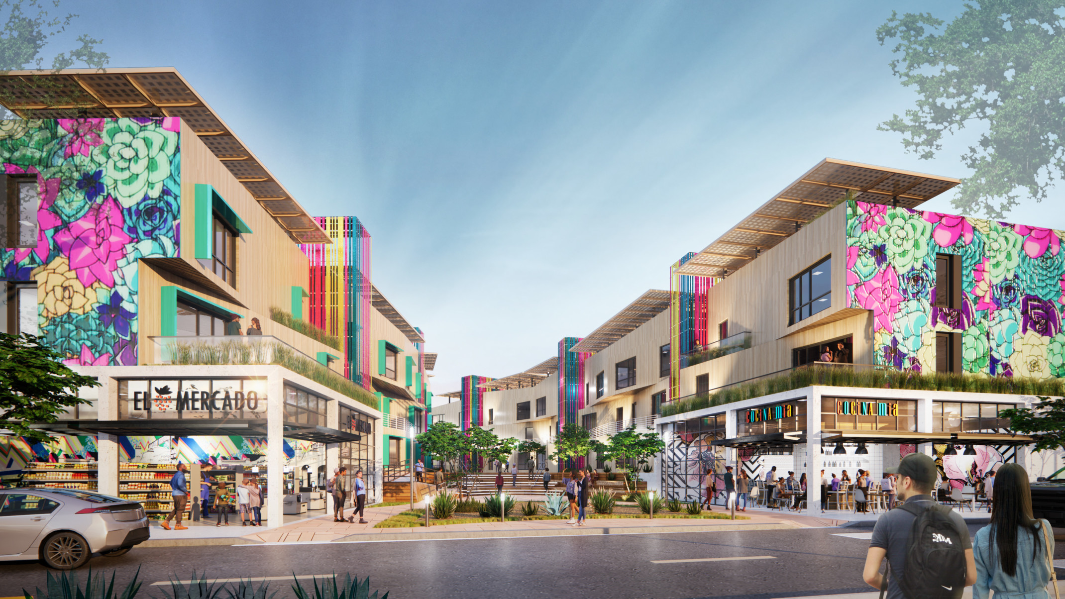 Rendering of mixed-use space including open air restaurants and markets. Colorful multi-story building design