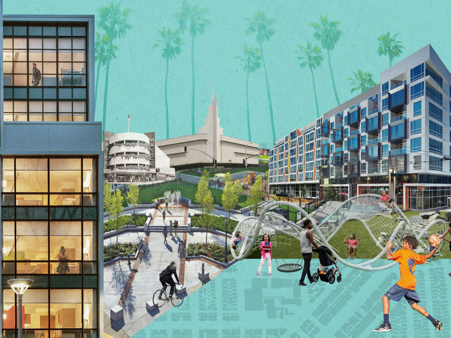 design concept collage of mixed use development with kids playing soccer in a yard, a playground set, and a lit up building to the left
