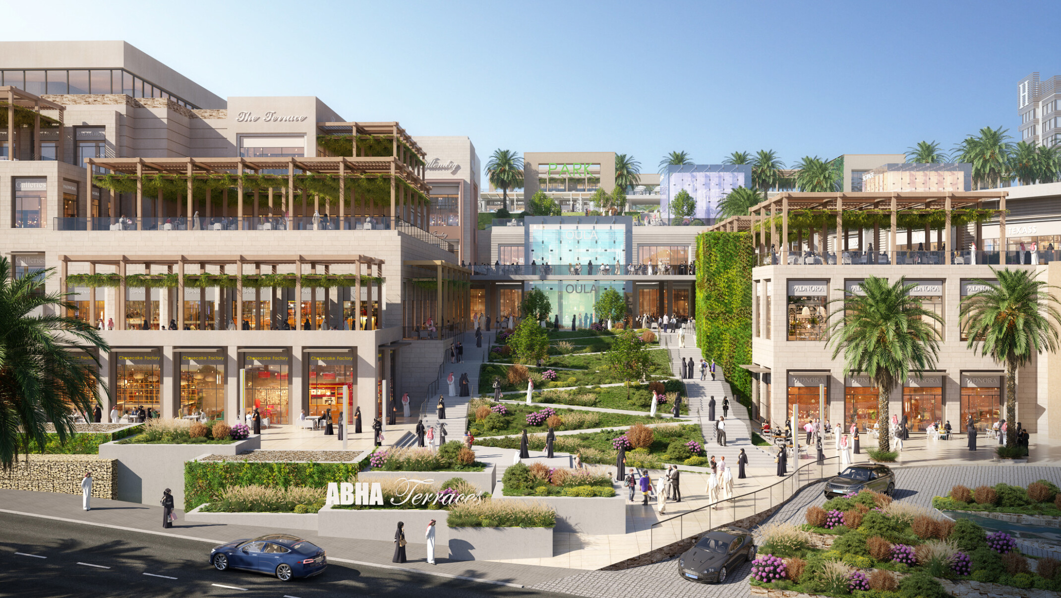 Abha Mixed-Use development in the Kingdom of Saudi Arabia. Multistory buildings around central green courtyard Abha Mixed-Use development in the Kingdom of Saudi Arabia. Multistory buildings around central green courtyard