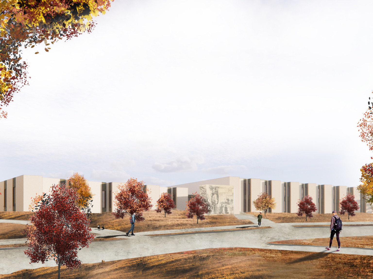 Boys Town school design concept, a white low rise complex surrounded by fall trees and intersecting sidewalks