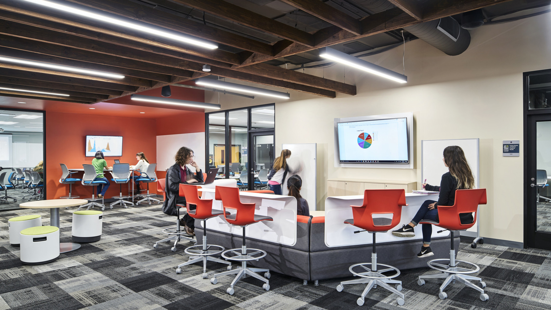 Johnson County Community College collab center. The student collaboration floor with breakout pods and technology