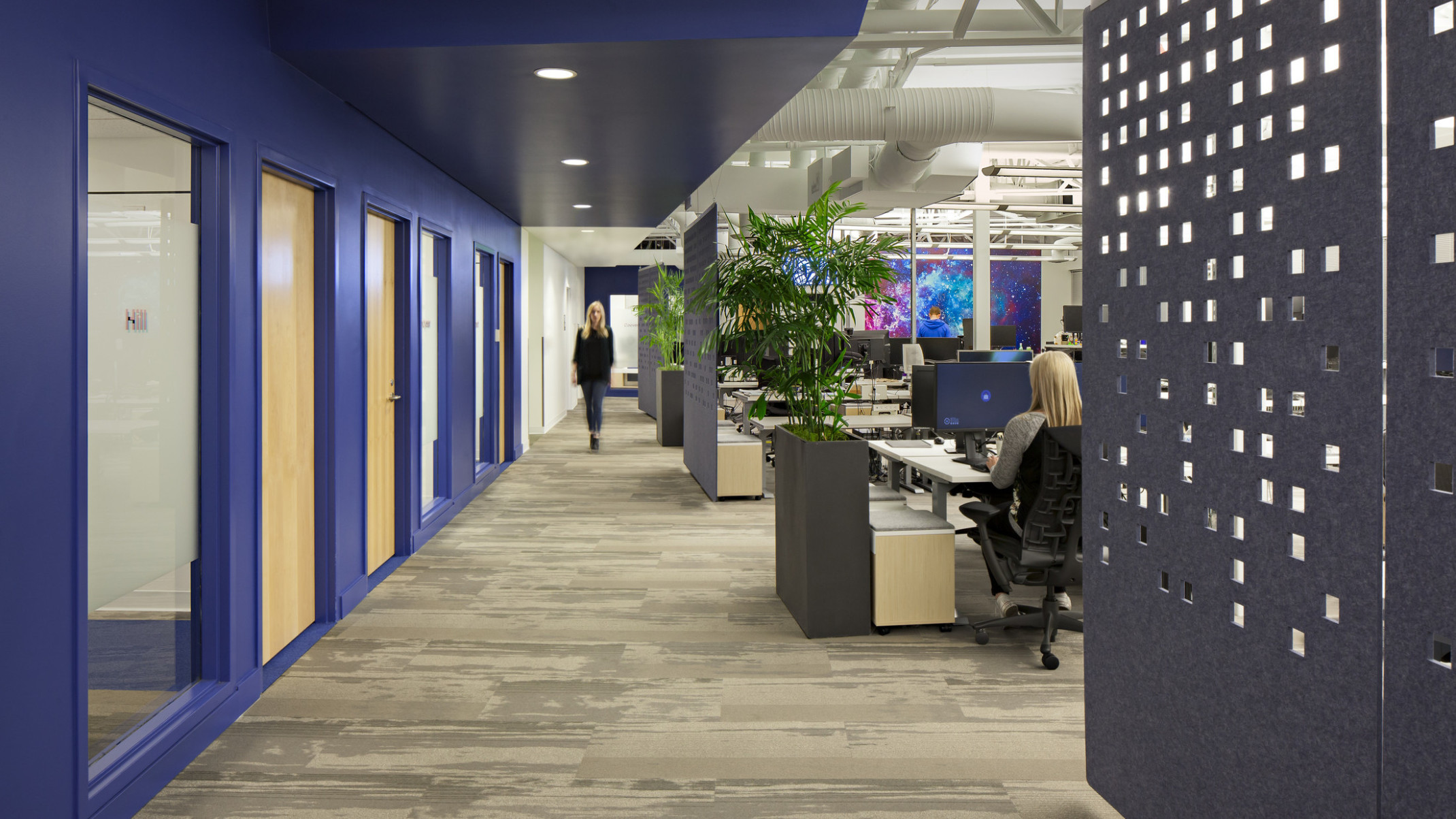 workplace with desks on the right separated by perforated felt drop wall and private work rooms on the left